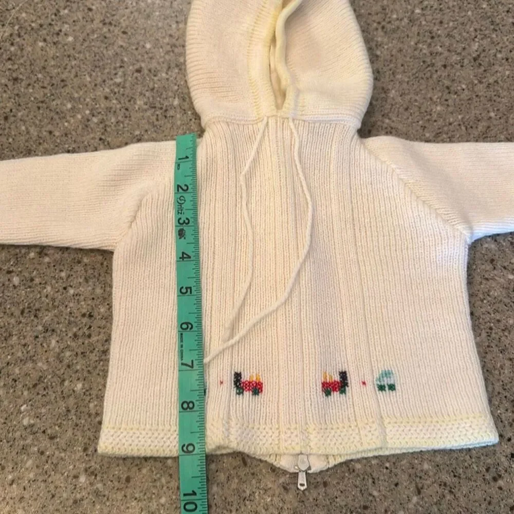 JULIUS BERGER Vintage Ivory Hooded Back Zip Cardigan Baby Sweater Car Train Embr